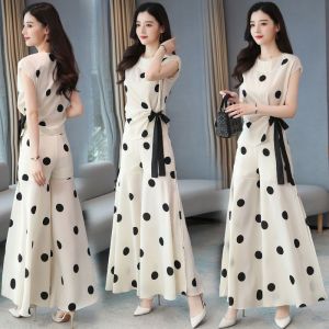 Womens Fashion Set Chiffon Wide Leg Pants Suit Summer Design Polka Dot Fashionable Leisure Two-piece Sets