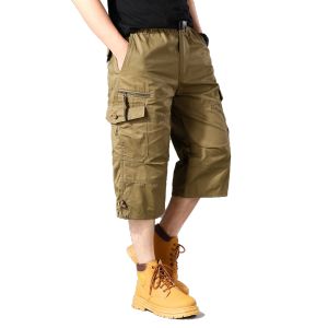 Mens Pure Cotton Straight Leg 7/8 Length Trousers Multiple Pockets Trendy plus Size Shorts Summer Casual Loose Fit Pants