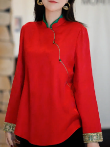 QINGNAER | Red Fashion Retro Plus Size Womens New Chinese Style Long Sleeve Shirt