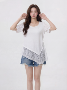 AIYITI | Lace Splicing Irregular Short Sleeve T-Shirt Big Size Concealing Stomach