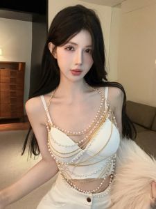 GUZILIAN | Pure Desire French V-neck Gathered Type Golden Pearl Chain Decoration Two-piece Set Inner Wear Underwear Korean Style Commute