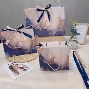 3pcs Gift Wrapping Bags Golden Blue Marble Pattern Paper Bags With Handles For Gifts