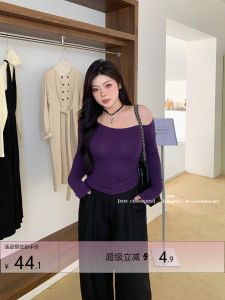 CDSOUL Purple Flavor plus Size Long Sleeve Slim Fit Shoulder Bared T-Shirt Women Base Layer Top Commute Style Gathered Long Pants