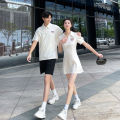 Polo Collar Bubble Sleeve Womens Korean Style High Waist Short Skirt Couple Matching Cotton Knitted Summer Dress.
