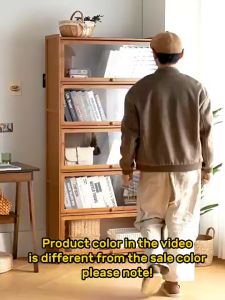 Display Wooden Bookcase Cabinet with Transparent Glass Door Bamboo Storage Book Shelves Rack Organizer Floor Standing