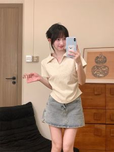 Original Homemade Offset Letter Shoulder T-Shirt Womens K-style Lapel Polo Shirt Short Sleeve Sweet Girl Waist Trimming Short Tops