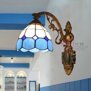 Tiffany Style Mediterranean Balcony Bedroom Corridor Glass Wall Lamp Creative Headboard Lamp for Bedroom And Bathroom