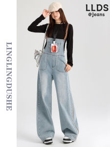 American Style Wide Leg Denim Overalls Women Spring New Versatile College Style Loose Ageless Floor Length Lazy Work Pants