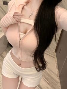 Pink Gentle Long Sleeve Hoodie Sweater Jacket Womens Waist-Cinching Short Top Salt Or Sweet Style Commute Korean Version