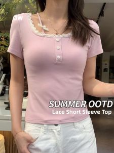 Miiow | Pure Desire Lace Splice Short Sleeve Base Shirt Womens Summer Top Silk Half Sleeve T-shirt Moisture Wicking Slim Fit Style