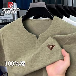 เสื้อยืดคอกลมแขนสั้นผ้าฝ้ายแท้ Pierre Cardin ระดับไฮเอนด์สำหรับผู้ชาย ทรงหลวมสบาย ๆ บางเฉียบ แฟชั่นฤดูร้อน ระบายอากาศได้ดี