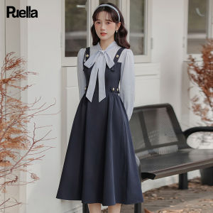 puella | False Two-piece Bow Tie Strapped Long Sleeve Dress