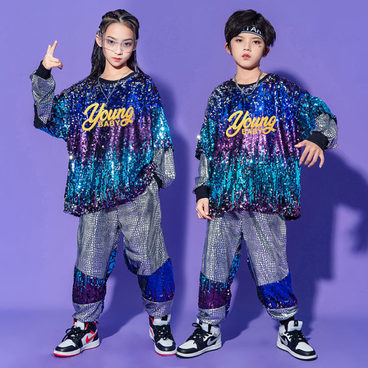 2023 New Children Performance Clothes Street Sequin Suit Girls Jazz Dance  Clothes Hip-hop Rave Outfit