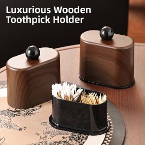 Walnut Pattern Toothpick Box Home Living Room Divided Toothpick Tube Tea Table Dustproof Cotton Swab Storage Box