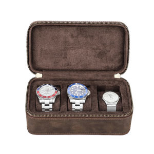 Hiram กล่องเครื่องประดับนาฬิกาแบบย้อนยุคหนังแท้3ช่องกล่องเก็บหนังดีไซน์ซิปคู่