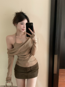 Korean Style Long Sleeve Slim Fit Neck Hanging T-Shirt Womens Fashionable Winter New Design Sense Top Quality Polyester Material