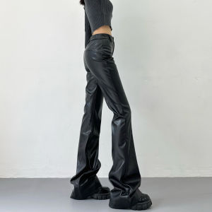 Quần Da PU Màu Đen Cạp Cao Phong Cách Mỹ Cho Nữ Mùa Thu 2025 Quần Dài Ống Loe Ôm Sát Cơ Thể Đa Năng