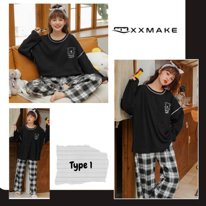 Dalam Stok Xxmake Piyama Dewasa Set Piyama Wanita Lengan Panjang Celana Panjangpajamasbaju 