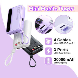 20000mAh Portable Power bank with 4 Cables Fast Charging Mini Power Bank for USB iPhone Android Type and Micro Cable