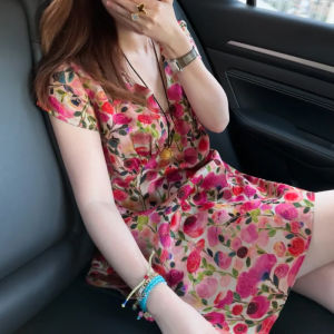 Shalldoer | Retro Hong Kong Style Fashionable V-neck Side Slit Short Sleeve Womens Shirt Summer Floral Print Sleeveless Top Casual Wear