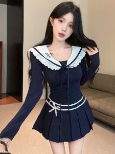 GUZILIAN | College Style Navy Collar Slim Fit Top and A-Line Skirt Set Autumn Winter
