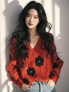 Loose V-Neck Red Flower Pattern Velvet Shirt Womens Spring Summer Fashion Commute Long Sleeve Pure Color Silk Top