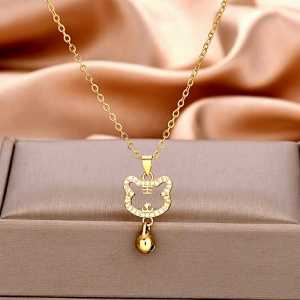 Bundara Acc-1594 Korean style Kalung Rantai Wanita Motif Kepala Kucing Lonceng Emas