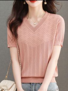 Slimming Loose Fit Short Sleeve V-Neck T-Shirt Womens Summer Fashionable Versatile Thin Color Block Korean Style Top