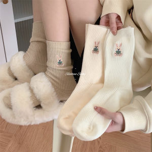 Dễ Thương Tất Thêu Thỏ Nhỏ Cao Đến Bắp Chân Tất Mùa Thu Mùa Đông Cotton Vải Bông Nhà Thoải Mái Hoạt Hình Tất Đi Học Họa Tiết Dành Cho Nữ