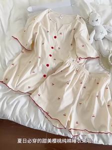 Korean Version Cherry Sleepwear Womens Summer Thin Style Plus Size Short Sleeved Set Cute Round Neck Cardigan Shorts Pyjamas Youth Dormitory Pijama Set