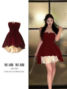 Red Velvet One Shoulder Short Skirt Christmas New Year Party Dress Womens Autumn Winter Fashion High Waist Puffy Skirt