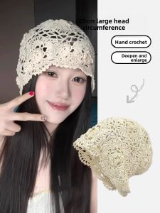 BILLI ZILLY | Hand Knitted Lace Hat Large Size Summer New Style Hollow Flower Cap Beach Vacation Head Wrap Casual Style Round Top For Women