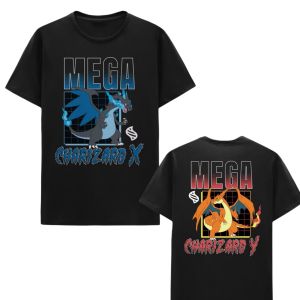 Bandai | Anime Pokémon MEGA Charizard Printed Cotton T-shirt Summer Mens and Womens Harajuku Clothing Fashion Street T-shirt Fan Gifts