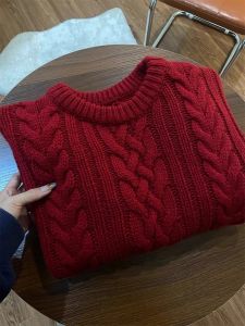 Retro Red Knitted Sweater Womens Autumn Winter Loose Fit Christmas New Year Lazy Style High Sensation Floral Patterned Pullover