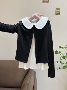 Korean Style Unique Beautiful Long Sleeve Knitted Open Cardigan Outerwear Womens Autumn Doll Collar Vest Two-Piece Set Top