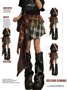 กระโปรงสั้นทรงเอเอวสูงสไตล์ย้อนยุคยีนส์สีพื้นลายสก็อตสไตล์ยูนิเซ็กซ์ฤดูร้อน 2024 กระโปรงสั้นทรงเอทรงเอ