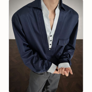 Loose Fit V-Neck Blue Shirt Mens Autumn Outerwear Cardigan Design Casual Style Long Sleeve Breathable Polyester Fabric