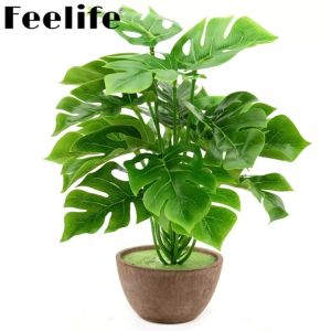 Feelife 1 Bouquet 9 Leaves Artificial Green Palm Plants Monstera Leaves for Home Garden Living Room Bedroom Balcony Plastic Tropical Decor Long Fake Plant