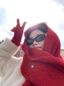 Christmas Red Thickened Knitted Scarf Women Winter Warm Faux Cashmere Tassel Shawl Student Pure Color Korean Style Accessories