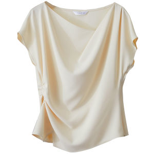 AMII | Elegant French Office Wear Summer Spotted Blouse with Draped Collar and Asymmetrical Slit