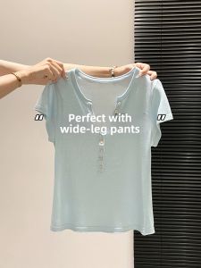 V.C.I | Summer Korean Chic V-Neck Button Design Ice Silk Knitted Short Sleeve T-Shirt