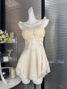 เซ็กซี่ ลูกไม้ ชุดราตรีสไตล์ฝรั่งเศส เด็กผู้หญิง สไตล์เจ้าหญิงรู้สึกพร้อมแผ่นรองหน้าอก ชุดนอน สําหรับผู้หญิงสามารถสวมใส่นอก กระโปรงสั้น ความยาว