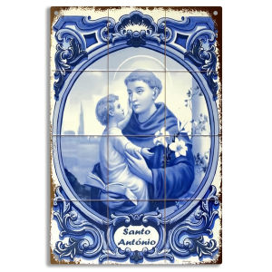 HelloYoung | 2D Metal Sign 2D Vintage Blue Ceramic Scene Metal Wall Art Saint Anthony with Boy Illustration Pre-Drilled 8.0x12.0 Inch Weath