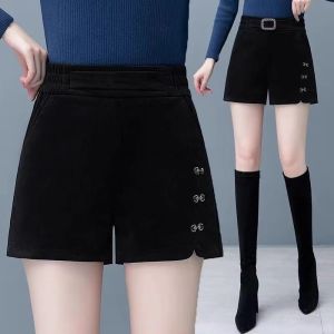 กางเกงขาสั้นผ้าขนกระต่ายเอวสูงสำหรับผู้หญิง กางเกงขายาวทรงเอ กางเกงขายาวผ้าชีฟอง ฤดูใบไม้ร่วง/ฤดูหนาว กางเกงขายาวลำลอง