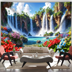 VIKAMA Tropical Waterfall Tapestry Lush Floral Rainforest Lake Design Aesthetic Healing Wall Art for Bedroom Living Room Decor