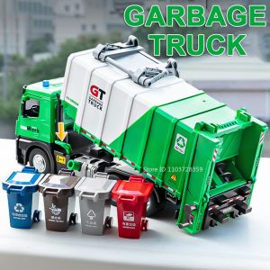1:24 Scale Sanitation Garbage Truck Model Toys Alloy Diecast Cleaning Vehicles Sound Light Doors Opened Pull Back for Kids Gifts