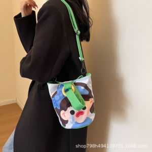 Cute Canvas Bucket Bag Womens Summer 2024 Fashionable Handheld Crossbody Bag Versatile Cartoon Canvas Shoulder Bag
