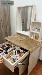Modern Minimalist Dressing Table with Mirror and Stool - Bedroom Vanity Set with Drawer and Side Shelves