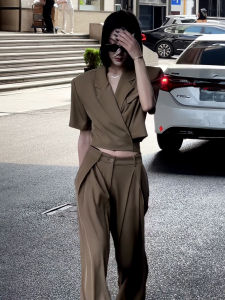 Slimming High Waist Wide Leg Pants Set Short Sleeve Suit Jacket Tie Waist Design Summer Fashion Two Piece Womens Ensemble