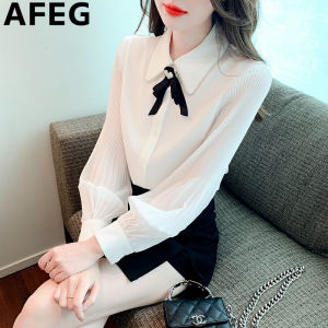 AFEG solid color Korean version lapel bow fashion loose diamond chiffon long sleeve blouse for women